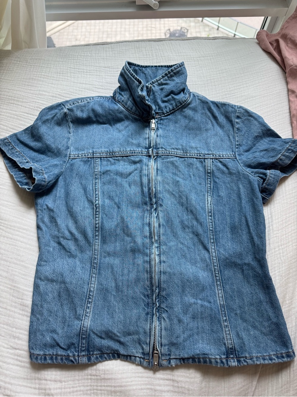 ZARA Denim Short-Sleeve Zip-Up Shirt